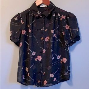 UO Black sheer button down short sleeve blouse